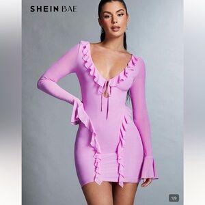SHEIN Pink Ruffle Tie-Front Long-Sleeve Mini Dress